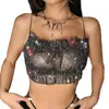 Diseño de Verano Europeo y Americano Chaleco de Red de Pesca Moda Tubo Colgante de Cuello con Pedrería Top de Tirantes para Mujer Chicas Calientes Top Ajustado Sexy