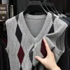 Chaleco de punto para hombre transfronterizo, ropa de negocios casual para hombre, 6% lana, jacquard de patrón de rombos otoño e invierno, suéter sin mangas con cuello en V