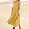 Estación Independiente de Amazon Verano Europeo y Americano Comercio Exterior 19 Colores Bolsillo Sin Mangas Cuello Redondo Vestido de Algodón y Lino para Mujer en stock