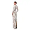 Vestido Largo de Encaje para Mujer Romántico y Elegante de Cuadrado con Ribete de Encaje de Manga Larga Ajustado