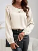 Ropa Femenina Transfronteriza Europea y Americana Satén Liso Cuello Redondo Manga Larga Estilo de Oficina Puños Elásticos Elegante Versátil Top para Mujer