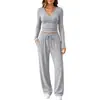 2026 Amazon Más Vendido Conjunto Casual para Mujer con Top de Cuello en V de Manga Larga y Pantalones de Pierna Ancha con Cordón Europeo y Americano Al por Mayor en Stock