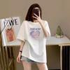 Top Casual Feminino Europeu de Algodão Estampado de Comprimento Médio Plus Size Verão Novo Solto Emagrecedor Tendência Camiseta de Manga Curta
