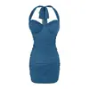 Vestido sexy de rede com gola halter estilo americano, vestido bodycon justo plissado para outono com sutiã embutido, vestido justo com alças finas