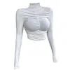 Camiseta Base de Cuello Medio para Mujer en Primavera y Otoño Estilo Corto de Nicho Diseño Plisado Ajustado Estilo Coreano Camiseta Sencilla Top de Manga Larga
