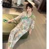 Pijama Explosivo Feminino Verão Fino Seda de Gelo Conjunto Duas Peças Estilo Chinês Roupa de Casa Pijama Largo Fora de Moda