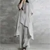 Primavera y Otoño Tallas Grandes Holgado MM Temperamento Casual Manga Corta Cintura Alta Pantalones de Pierna Ancha Algodón Lino Moda Color Sólido Conjunto Deportivo