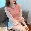 Top de gola redonda com miçangas doce e suave para mulheres, roupa de primavera, slim fit, estilo ocidental, manga de chiffon, costura, suéter de manga comprida