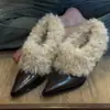 2026 Nuevos Zapatos Pequeños de Cuero con Punta de Moda para Mujer, Retro, Slip-on, de Piel, Zapatos Individuales de Tacón Alto, de Terciopelo Grueso, Cálidos, de Algodón