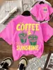 Camiseta Casual Cómoda de Manga Corta con Estampado de Café Helado y Sol, Talla Europea Transfronteriza, Camiseta Casual de Verano para Mujer
