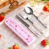 Talheres Portáteis Hashi Colher Garfo Conjunto Fofo Aço Inoxidável Talheres de Escola Primária Três Peças Caixa de Armazenamento de Desenho Animado