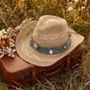 Sombrero de vaquero western de paja estilo étnico, sombrero de paja para el sol para viajes por la pradera para mujeres, sombrero de playa de ala ancha de verano para vacaciones