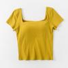 Camiseta Feminina de Algodão Puro de Manga Curta com Gola Quadrada, Efeito Emagrecedor de Cintura Alta e Bojos Embutidos