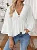 2026 Temu Plataforma Independente Transfronteiriça Nova Cor Sólida Curta Retrô Moda Feminina Gola V Botões Manga Sino Blusa