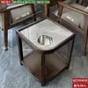 Mesa de Café Mahjong de Gama Alta con Forma de Abanico para Hotel Madera Maciza Placa de Roca Pequeño Estante de Almacenamiento Sala de Ajedrez y Cartas Estante para Agua de Té Especial para Casa de Té Antiescaldado