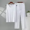 Conjunto de Ropa de Casa Casual Cómodo Holgado para Hombre, Chaleco de Verano Delgado sin Mangas Talla Grande de Modal con Bolsillo y Pantalones de Pierna Ancha