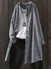 Grande Estoque das Novas Camisas Artísticas Listradas de Algodão e Linho Femininas da Amazon Comprimento Médio Manga Longa Tamanho Grande Bolsos com Aba Calças Tops