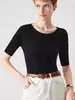 Suéter Fino de Lã 100% Pura Lavável à Máquina para Mulheres, Decote Redondo, Manga Curta, Corte Justo, Camada Base Sem Costura para Primavera e Verão