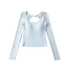 Camiseta Sexy de Manga Larga con Escote Redondo Bajo Hueco Estilo Puro Deseo para Mujer Nueva Llegada de Primavera con Almohadillas en el Pecho Ajustada Top Corto de Capa Base