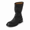 Botas Femininas de Couro Bovino de Primeira Camada Cor Lavada Botas de Motocicleta de Couro Genuíno Envelhecido Outono/Inverno Novas Bico Redondo Salto Médio Botas de Puxar Meio da Panturrilha Botas Femininas