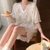 Conjunto de Ropa para el Hogar Casual Simple Estilo Princesa Manga Corta de Verano Algodón Nube Nuevo Color Sólido Encaje Cuello en V