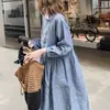 Vestido de qualidade coreana, resistente, plus size, comprimento médio, manga longa