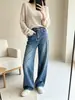 Jeans de cintura alta e perna larga para mulheres de outono, calças retas de comprimento total com lavagem vintage, jeans cropped soltos que emagrecem e têm bom caimento.