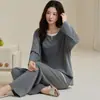 Conjunto de pijama de duas peças, cor sólida, manga longa e calça comprida, 100% algodão, gola redonda, pullover, conjunto de duas peças para casa feminino, cross-border para live-streaming