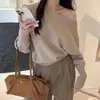 Blusa de Tricô Estilo Coreano Suave Ombro a Ombro Manga Bufante Outono/Inverno Temperamento Emagrecedor Pequena para Mulheres Cinza Claro Tamanho Único