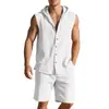 Colección de verano para hombre estilo europeo transfronterizo, lino nuevo: conjunto de cárdigan con capucha y botones y shorts, artículo más vendido, en stock