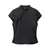 Top de Verano 2026 con Botón Lateral de Satén de Seda Texturizado Estilo Europeo y Americano Color Sólido Simple Sin Mangas Cuello Alto Cremallera Ajustado