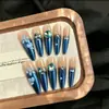 Uñas Postizas Portátiles Hechas a Mano Color Azul Nude Ojo de Gato con Diamante Azul de Lujo Ligero Flor 3D Mariposa Pegatinas para Uñas