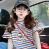 Camiseta de Verano a Rayas de Manga Corta para Niñas, Camiseta Casual Estilo Coreano para Niños Mayores, Top Retro de Manga Corta con Cuello Redondo para Niñas