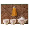 Juego de Té de Viaje Kung Fu Clavel Tallado Pintado a Mano de Fábrica con un Tazón y Dos Tazas Taza de Té con Tapa Portátil para Exteriores