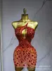 Vestido Sexy Latino de un Hombro con Lujo de Pedrería Espalda Descubierta Bodycon para Fiesta de Cóctel Bar Cantante Femenina
