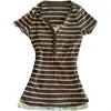 Blusa de encaje para mujer, corte ajustado, retro Harajuku, venta al por mayor, retazos, manga corta, elegante, para ir al trabajo, Y2K, estampada, con rayas