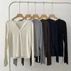 Início do Outono Modal Tencel Drapeado Botão Manga Longa Camiseta de Base Feminina Decote V Ombro Direito Slim Top de Manga Longa