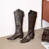 Botas compridas estilo deserto, botas que aumentam a altura, botas de cavaleiro retrô, botas femininas, com salto grosso, bico quadrado, botas curtas desgastadas, botas acima do joelho