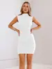 2025 Novo Sexy Transfronteiriço Feminino Gola Média Alta Cintura Plissada Saia Curta Vestido Elegante Feminino Europeu e Americano Cor Pura