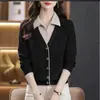 Tejido de hilo de núcleo, conjunto de punto de dos piezas para madre, nuevo estilo primavera y otoño 2026, cuello de solapa, suéter para mujeres de mediana edad y mayores