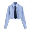 Camisa de manga larga a rayas azules, dulce y picante, nueva, de estilo universitario para mujer, camisa corta con solapa fina y corbata.