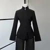 Camisa de estilo chino con cuello mao y frente abotonado, diseño tradicional modificado, ligeramente transparente, mangas anchas, entallada en la cintura, top negro adelgazante para mujer, negro, estilo europeo y americano