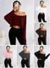 Camiseta feminina de manga longa, estilo europeu e americano, transfronteiriça, ombro a ombro, modelagem solta, ombro caído, toque fresco, cropped, top base que revela o umbigo