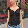 Camiseta de manga corta con volantes estilo ballet, transfronteriza INS, verano, cárdigan ajustado de manga corta con botones y ribete de encaje, top de manga corta con cuello en V, venta al por mayor