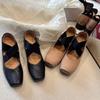 Zapatos Retro de Abuela de Piel de Vaca Punta Cuadrada Boca Baja Tacón Grueso Zapatos de Ballet Banda Elástica de Primavera Zapatos Casuales con Tira Cruzada