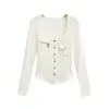 Camiseta de Manga Larga con Escote en U en el Hombro Derecho Estilo Puro Deseo Pantalones con Bolsillo de Solapa Nuevo Diseño de Otoño Top Corto Ajustado de un Solo Botón Decorado para Mujer