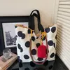 Bolso de Hombro Simple de Lunares Estilo Coreano, Bolso Tote de Gran Capacidad para Viajes Perezosos y Relajados, Bolso de Lona de Doble Cara Elegante y a la Moda