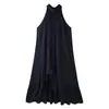 Vestido midi cruzado con cuello halter francés para mujer, cinta de lazo en la espalda, vestido largo con volantes irregulares en capas