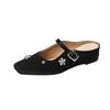 361-1 Mula Francesa Flor Strass Salto Médio Salto Quadrado Bico Quadrado Decote Cavado Sapatos Externos