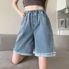 Foto Real de Calça Jeans Lisa de Verão Feminina Tendência Cintura Alta Modeladora Corte A Linha Perna Larga Cropped, Calça Solta Cinco Pontos Barra Dobrada, Popular Online
